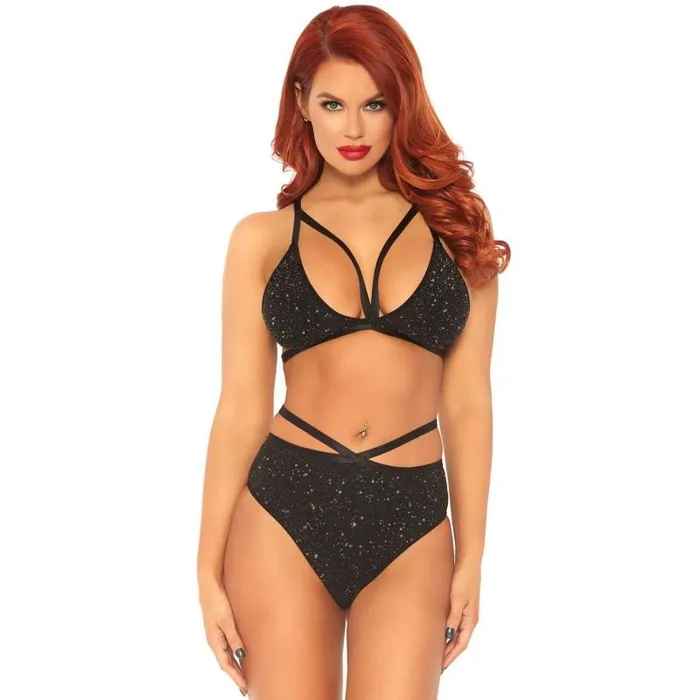 Anal Leg Avenue Shimmer Lurex Opaque Bra Top Strappy Brazilian Bottom Black Gold Smallmedium