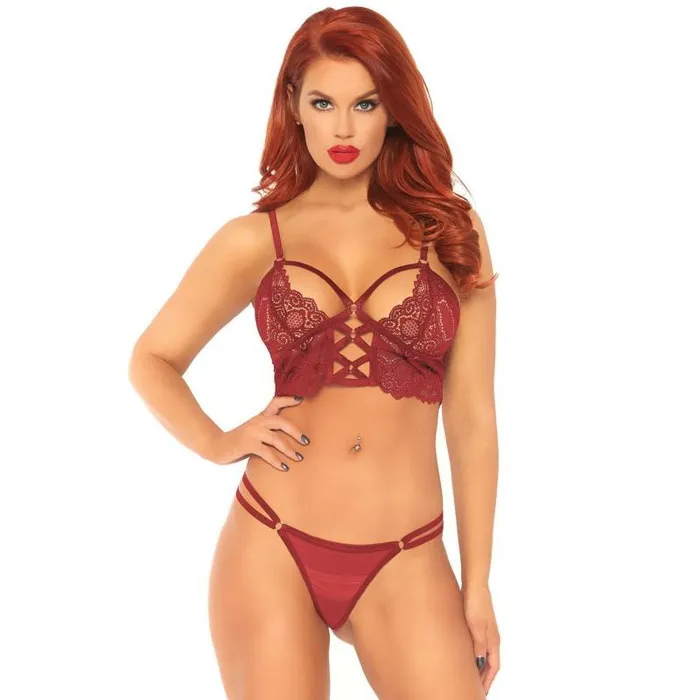 Leg Avenue Male Sex Toys | 2 Pc Lace Bralette With Cage Strap O-Ring Bodice G-String - Burgandy - Medium/ Large Leg Avenue Male Sex Toys | 2 Pc Lace Bralette With Cage Strap O-Ring Bodice G-String - Burgandy - Medium/ Large
