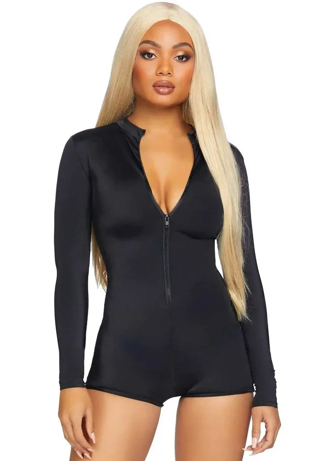Leg Avenue Zipper Front Long Sleeved Matte Romper Small Black Anal