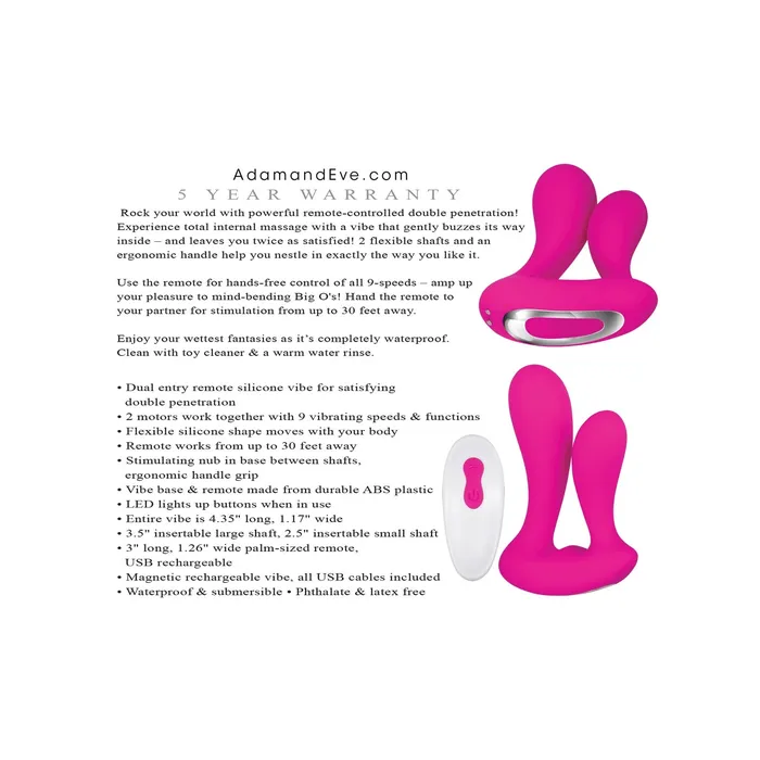 Female Sex Toys Curve Toys Adam Eve Rechargeable Dual Entry Vibe wRemote Pink