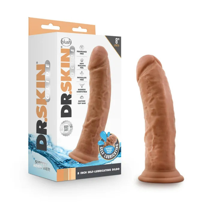 Blush Novelties Dildos Dr Skin Glide 8in Self Lubricating Dildo Mocha