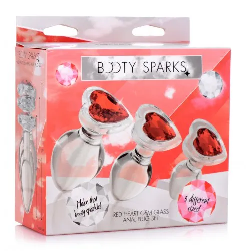 XR Brands Anal Booty Sparks Red Heart Glass Anal Plug Set