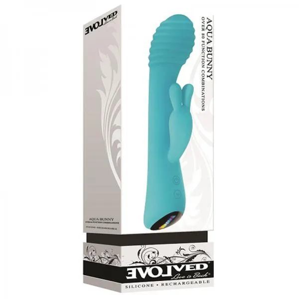 Evolved Novelties Vibrators Evolved Aqua Bunny 9 Shaft Function 9 Clit Stim Functions Rechargeable Silicone Waterproof Teal