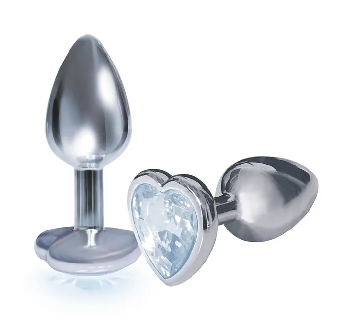 Anal Icon Brands Silver Starter Heart Bejeweled Steel Plug with Clear Faux Diamond Stone