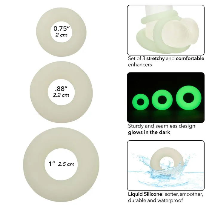 California Exotic Novelties Female Sex Toys Alpha GlowInTheDark Liquid Silicone 3 Ring Set Enhanced Pleasure Stamina