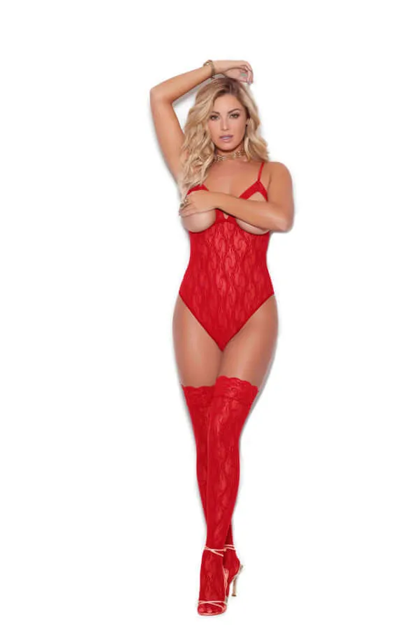 Elegant Moments Lingerie Vibrators Cupless Stretch Lace Teddy with Thigh High Stockings Red OS from Elegant Moments Elegant Moments Lingerie Vibrators Cupless Stretch Lace Teddy with Thigh High Stockings Red OS from Elegant Moments