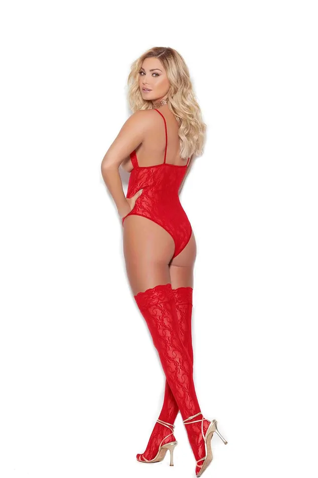 Elegant Moments Lingerie Vibrators Cupless Stretch Lace Teddy with Thigh High Stockings Red OS from Elegant Moments Elegant Moments Lingerie Vibrators Cupless Stretch Lace Teddy with Thigh High Stockings Red OS from Elegant Moments