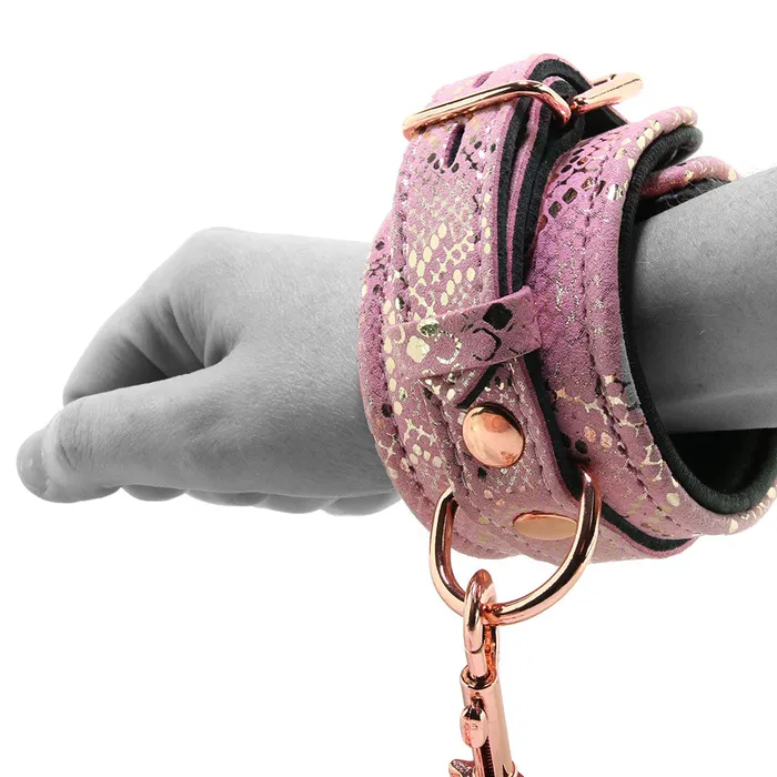 Locking Leather Wrist Restraint Cuffs in Pink Snake Print Spartacus Restraints Locking Leather Wrist Restraint Cuffs in Pink Snake Print Spartacus Restraints
