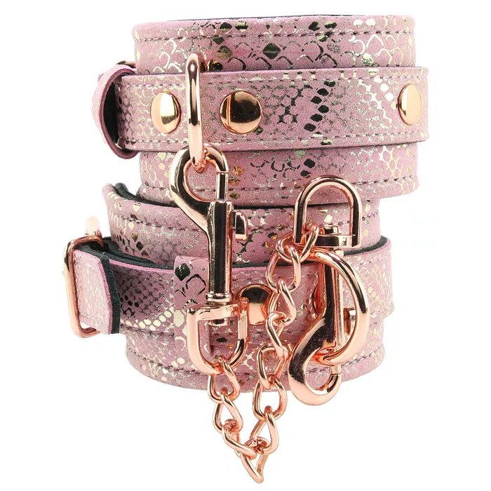 Locking Leather Wrist Restraint Cuffs in Pink Snake Print Spartacus Restraints Locking Leather Wrist Restraint Cuffs in Pink Snake Print Spartacus Restraints
