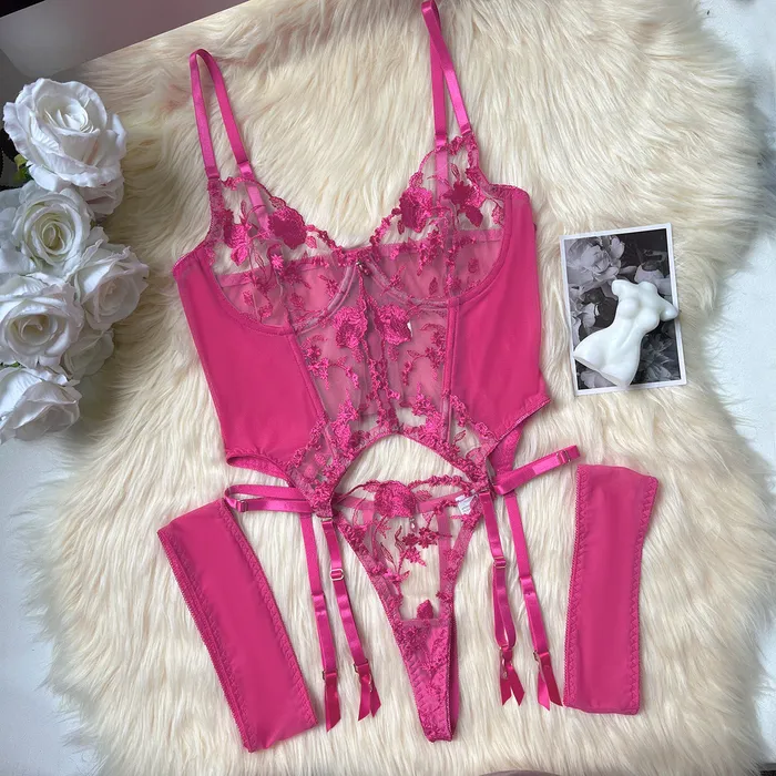 Teddies And Bodies honeysx Lace Flower Embroidery Bra Lingerie Transparent Thong Garter Lingerie
