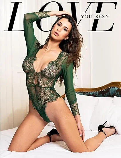 Teddies And Bodies LOVE YOU SEXY LOVE YOU SEXY Women Lace LingerieLong Sleeves BodysuitDeep V Bodysuit LingerieSheer Mesh Teddy Lingerie