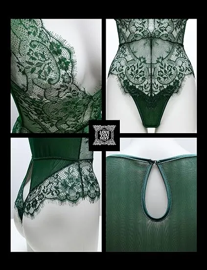 Teddies And Bodies LOVE YOU SEXY LOVE YOU SEXY Women Lace LingerieLong Sleeves BodysuitDeep V Bodysuit LingerieSheer Mesh Teddy Lingerie