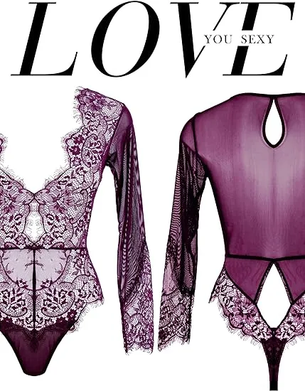 Teddies And Bodies LOVE YOU SEXY LOVE YOU SEXY Women Lace LingerieLong Sleeves BodysuitDeep V Bodysuit LingerieSheer Mesh Teddy Lingerie