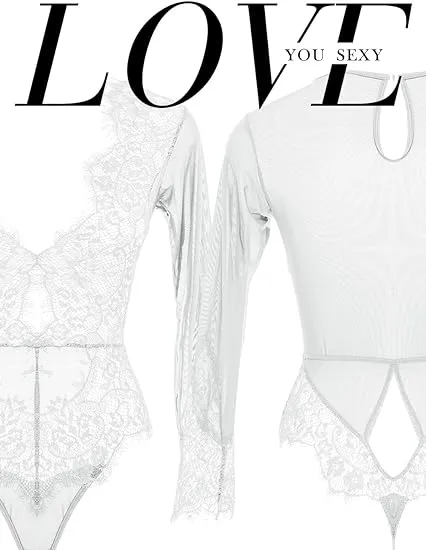 Teddies And Bodies LOVE YOU SEXY LOVE YOU SEXY Women Lace LingerieLong Sleeves BodysuitDeep V Bodysuit LingerieSheer Mesh Teddy Lingerie