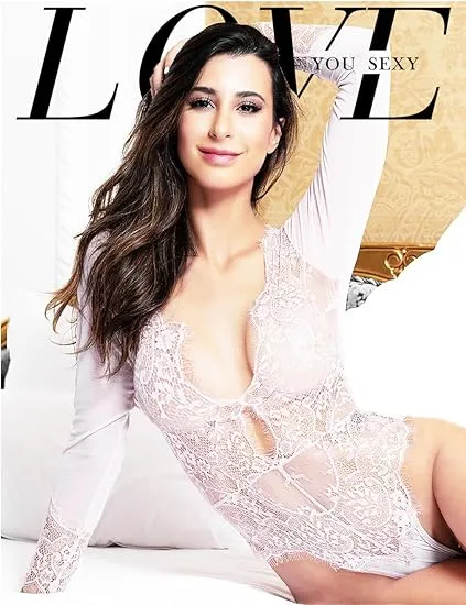 Teddies And Bodies LOVE YOU SEXY LOVE YOU SEXY Women Lace LingerieLong Sleeves BodysuitDeep V Bodysuit LingerieSheer Mesh Teddy Lingerie