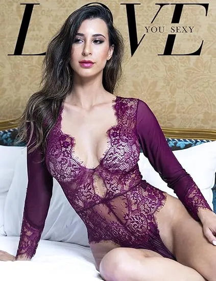 Teddies And Bodies LOVE YOU SEXY LOVE YOU SEXY Women Lace LingerieLong Sleeves BodysuitDeep V Bodysuit LingerieSheer Mesh Teddy Lingerie