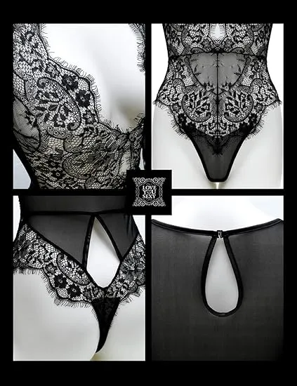 Teddies And Bodies LOVE YOU SEXY LOVE YOU SEXY Women Lace LingerieLong Sleeves BodysuitDeep V Bodysuit LingerieSheer Mesh Teddy Lingerie